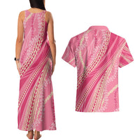 Polynesian Puakeniken Pikake Twisted Lei Couples Matching Tank Maxi Dress and Hawaiian Shirt Rose Pink - Polynesian Pride
