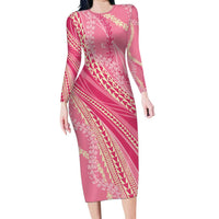 Polynesian Puakeniken Pikake Twisted Lei Family Matching Long Sleeve Bodycon Dress and Hawaiian Shirt Rose Pink - Polynesian Pride