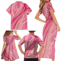 Polynesian Puakeniken Pikake Twisted Lei Family Matching Short Sleeve Bodycon Dress and Hawaiian Shirt Rose Pink - Polynesian Pride