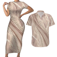 Polynesian Puakeniken Pikake Twisted Lei Couples Matching Short Sleeve Bodycon Dress and Hawaiian Shirt Beige - Polynesian Pride