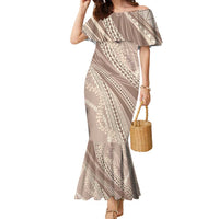 Polynesian Puakeniken Pikake Twisted Lei Family Matching Mermaid Dress and Hawaiian Shirt Beige - Polynesian Pride