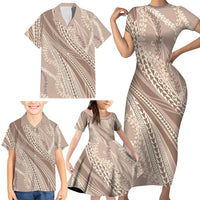 Polynesian Puakeniken Pikake Twisted Lei Family Matching Short Sleeve Bodycon Dress and Hawaiian Shirt Beige - Polynesian Pride