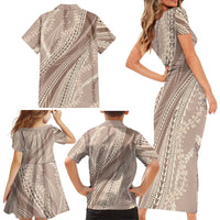 Polynesian Puakeniken Pikake Twisted Lei Family Matching Short Sleeve Bodycon Dress and Hawaiian Shirt Beige - Polynesian Pride