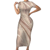 Polynesian Puakeniken Pikake Twisted Lei Family Matching Short Sleeve Bodycon Dress and Hawaiian Shirt Beige - Polynesian Pride