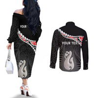 Personalised New Zealand Maori Couples Matching Off The Shoulder Long Sleeve Dress and Long Sleeve Button Shirt Manaia Mix Koru LT7 - Polynesian Pride