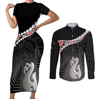 Personalised New Zealand Maori Couples Matching Short Sleeve Bodycon Dress and Long Sleeve Button Shirt Manaia Mix Koru LT7 Black - Polynesian Pride