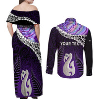Personalised New Zealand Maori Couples Matching Off Shoulder Maxi Dress and Long Sleeve Button Shirt Manaia Paua Shell Purple LT7 - Polynesian Pride