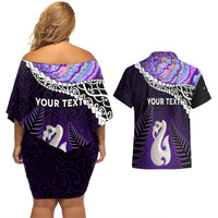 Personalised New Zealand Maori Couples Matching Off Shoulder Short Dress and Hawaiian Shirt Manaia Paua Shell Purple LT7 - Polynesian Pride