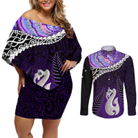 Personalised New Zealand Maori Couples Matching Off Shoulder Short Dress and Long Sleeve Button Shirt Manaia Paua Shell Purple LT7 Purple - Polynesian Pride