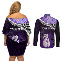 Personalised New Zealand Maori Couples Matching Off Shoulder Short Dress and Long Sleeve Button Shirt Manaia Paua Shell Purple LT7 - Polynesian Pride