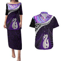 Personalised New Zealand Maori Couples Matching Puletasi and Hawaiian Shirt Manaia Paua Shell Purple LT7 Purple - Polynesian Pride