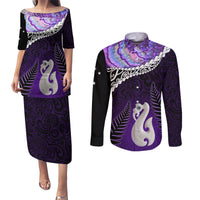Personalised New Zealand Maori Couples Matching Puletasi and Long Sleeve Button Shirt Manaia Paua Shell Purple LT7 Purple - Polynesian Pride
