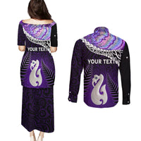 Personalised New Zealand Maori Couples Matching Puletasi and Long Sleeve Button Shirt Manaia Paua Shell Purple LT7 - Polynesian Pride