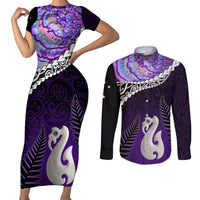 Personalised New Zealand Maori Couples Matching Short Sleeve Bodycon Dress and Long Sleeve Button Shirt Manaia Paua Shell Purple LT7 Purple - Polynesian Pride