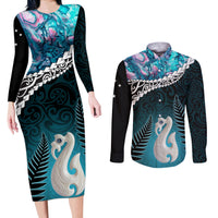Personalised New Zealand Maori Couples Matching Long Sleeve Bodycon Dress and Long Sleeve Button Shirt Manaia Paua Shell Turquoise LT7 Turquoise - Polynesian Pride