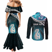 Personalised New Zealand Maori Couples Matching Mermaid Dress and Long Sleeve Button Shirt Manaia Paua Shell Turquoise LT7 - Polynesian Pride