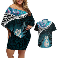 Personalised New Zealand Maori Couples Matching Off Shoulder Short Dress and Hawaiian Shirt Manaia Paua Shell Turquoise LT7 Turquoise - Polynesian Pride
