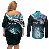 Personalised New Zealand Maori Couples Matching Off Shoulder Short Dress and Long Sleeve Button Shirt Manaia Paua Shell Turquoise LT7 - Polynesian Pride