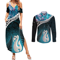 Personalised New Zealand Maori Couples Matching Summer Maxi Dress and Long Sleeve Button Shirt Manaia Paua Shell Turquoise LT7 Turquoise - Polynesian Pride