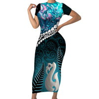 Personalised New Zealand Maori Short Sleeve Bodycon Dress Manaia Paua Shell Turquoise LT7 Long Dress Turquoise - Polynesian Pride