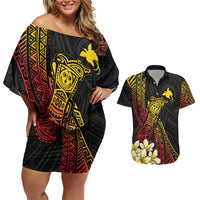 Personalized Papua New Guinea Couples Matching Off Shoulder Short Dress and Hawaiian Shirt Kundu Drum Carving Motifs