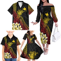 Personalized Papua New Guinea Family Matching Off The Shoulder Long Sleeve Dress and Hawaiian Shirt Kundu Drum Carving Motifs
