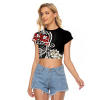 Bula Fiji Tagimaucia Mix Plumeria Masi Tapa Raglan Cropped T Shirt Black LT7 Female Black - Polynesian Pride
