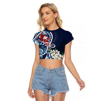 Bula Fiji Tagimaucia Mix Plumeria Masi Tapa Raglan Cropped T Shirt Blue LT7 Female Blue - Polynesian Pride