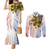 Philippines Independence Day Couples Matching Mermaid Dress and Long Sleeve Button Shirt Eagle Mix Filipino Flag Tribal Style LT7 White - Polynesian Pride