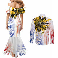 Philippines Independence Day Couples Matching Mermaid Dress and Long Sleeve Button Shirt Eagle Mix Filipino Flag Tribal Style LT7 - Polynesian Pride