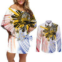Philippines Independence Day Couples Matching Off Shoulder Short Dress and Long Sleeve Button Shirt Eagle Mix Filipino Flag Tribal Style LT7 White - Polynesian Pride