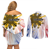 Philippines Independence Day Couples Matching Off Shoulder Short Dress and Long Sleeve Button Shirt Eagle Mix Filipino Flag Tribal Style LT7 - Polynesian Pride