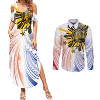 Philippines Independence Day Couples Matching Summer Maxi Dress and Long Sleeve Button Shirt Eagle Mix Filipino Flag Tribal Style LT7 White - Polynesian Pride