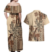 Talofa Samoa Mamanu Siapo Mix Malu Couples Matching Off Shoulder Maxi Dress and Hawaiian Shirt Classic Beige Frangipani and Turtles