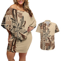 Talofa Samoa Mamanu Siapo Mix Malu Couples Matching Off Shoulder Short Dress and Hawaiian Shirt Classic Beige Frangipani and Turtles