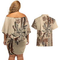 Talofa Samoa Mamanu Siapo Mix Malu Couples Matching Off Shoulder Short Dress and Hawaiian Shirt Classic Beige Frangipani and Turtles