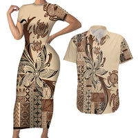 Talofa Samoa Mamanu Siapo Mix Malu Couples Matching Short Sleeve Bodycon Dress and Hawaiian Shirt Classic Beige Frangipani and Turtles