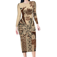 Talofa Samoa Mamanu Siapo Mix Malu Family Matching Long Sleeve Bodycon Dress and Hawaiian Shirt Classic Beige Frangipani and Turtles