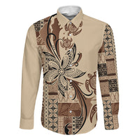 Talofa Samoa Mamanu Siapo Mix Malu Family Matching Off The Shoulder Long Sleeve Dress and Hawaiian Shirt Classic Beige Frangipani and Turtles