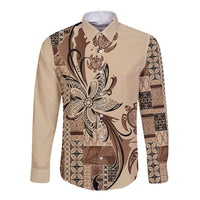 Talofa Samoa Mamanu Siapo Mix Malu Long Sleeve Button Shirt Classic Beige Frangipani and Turtles