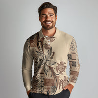 Talofa Samoa Mamanu Siapo Mix Malu Long Sleeve Polo Shirt Classic Beige Frangipani and Turtles