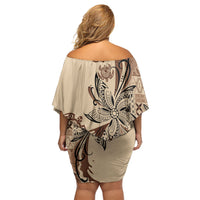 Talofa Samoa Mamanu Siapo Mix Malu Off Shoulder Short Dress Classic Beige Frangipani and Turtles
