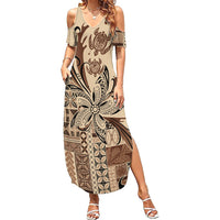 Talofa Samoa Mamanu Siapo Mix Malu Summer Maxi Dress Classic Beige Frangipani and Turtles