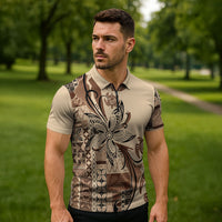 Talofa Samoa Mamanu Siapo Mix Malu Zipper Polo Shirt Classic Beige Frangipani and Turtles