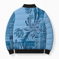 Talofa Samoa Mamanu Siapo Mix Malu Bomber Puffer Jacket Cool Blue Frangipani and Turtles