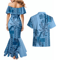 Talofa Samoa Mamanu Siapo Mix Malu Couples Matching Mermaid Dress and Hawaiian Shirt Cool Blue Frangipani and Turtles
