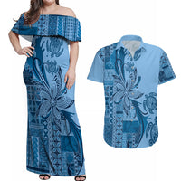 Talofa Samoa Mamanu Siapo Mix Malu Couples Matching Off Shoulder Maxi Dress and Hawaiian Shirt Cool Blue Frangipani and Turtles