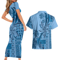 Talofa Samoa Mamanu Siapo Mix Malu Couples Matching Short Sleeve Bodycon Dress and Hawaiian Shirt Cool Blue Frangipani and Turtles