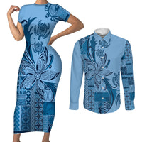 Talofa Samoa Mamanu Siapo Mix Malu Couples Matching Short Sleeve Bodycon Dress and Long Sleeve Button Shirt Cool Blue Frangipani and Turtles