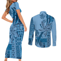 Talofa Samoa Mamanu Siapo Mix Malu Couples Matching Short Sleeve Bodycon Dress and Long Sleeve Button Shirt Cool Blue Frangipani and Turtles